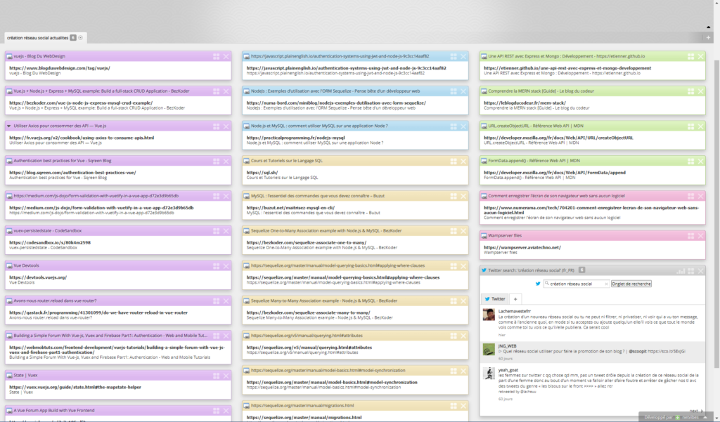 Exemple de tableau de bord sur le sujet de création réseau social