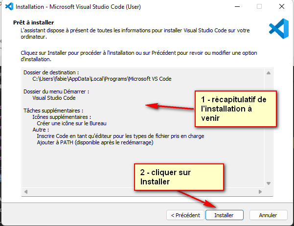 Récapitulatif de l'installation de Visual Studio Code