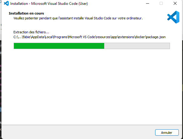 Installation de Visual Studio Code en cours