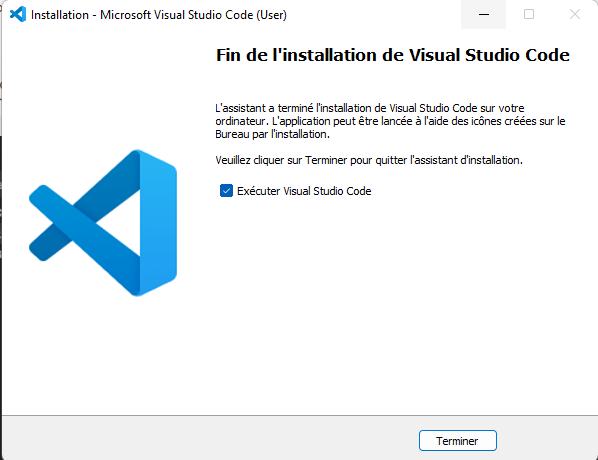 Fin de l'installation de Visual Studio Code