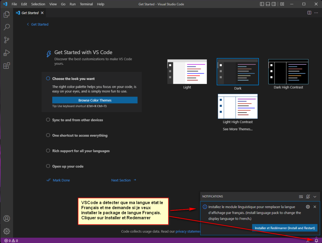 Notification et détection automatique du module linguistique