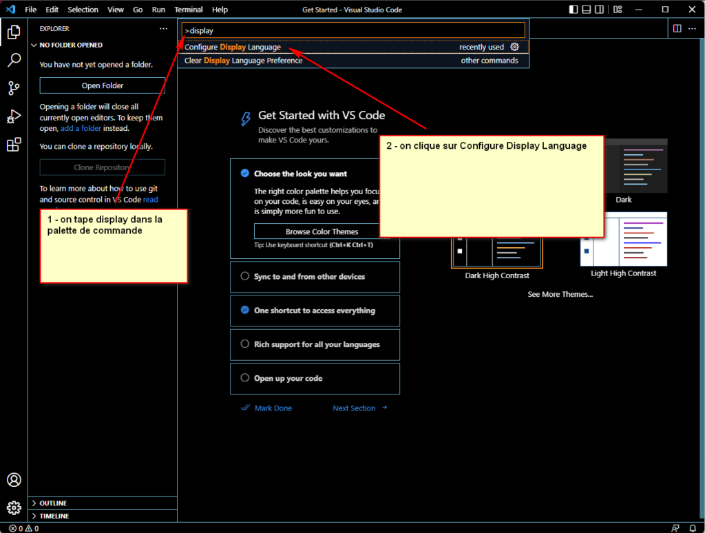 Commande Configure Display language dans VS Code