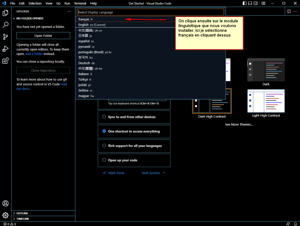 Choix du module linguistique français dans Visual Studio Code