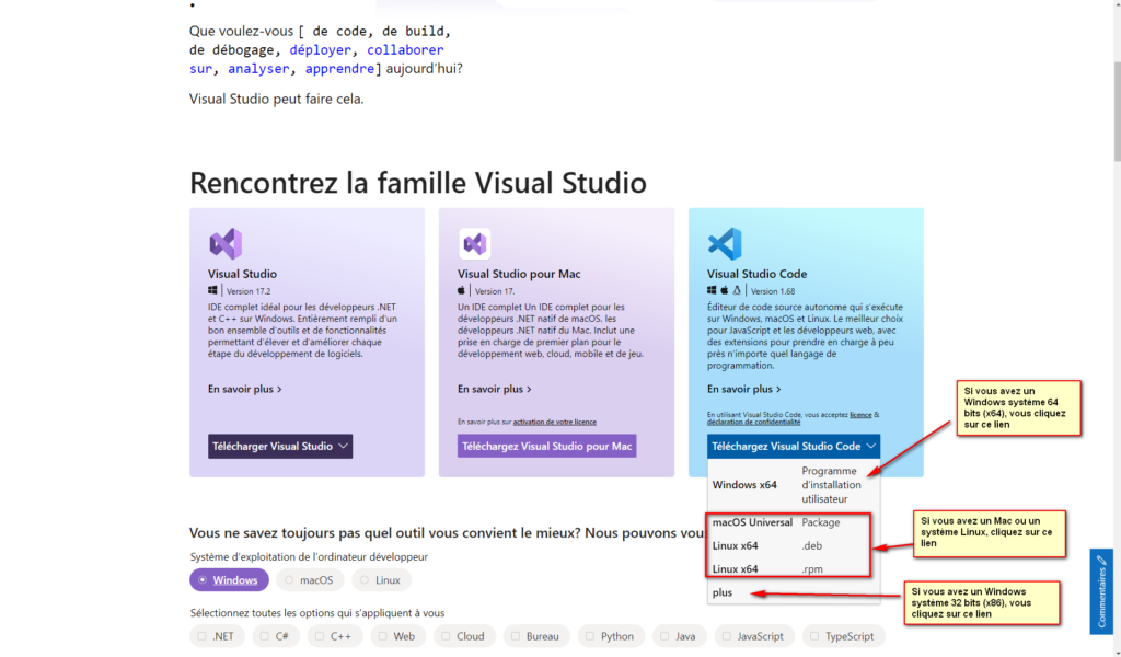 Liens de téléchargement VS Code