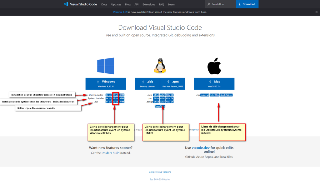 Page de Liens de téléchargement VS Code pour système 32 bits