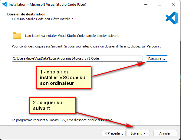 Dossier de destination d'installation de VS Code