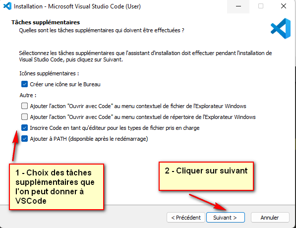 Choix des tâches supplémentaires dans l'installateur Visual Studio Code