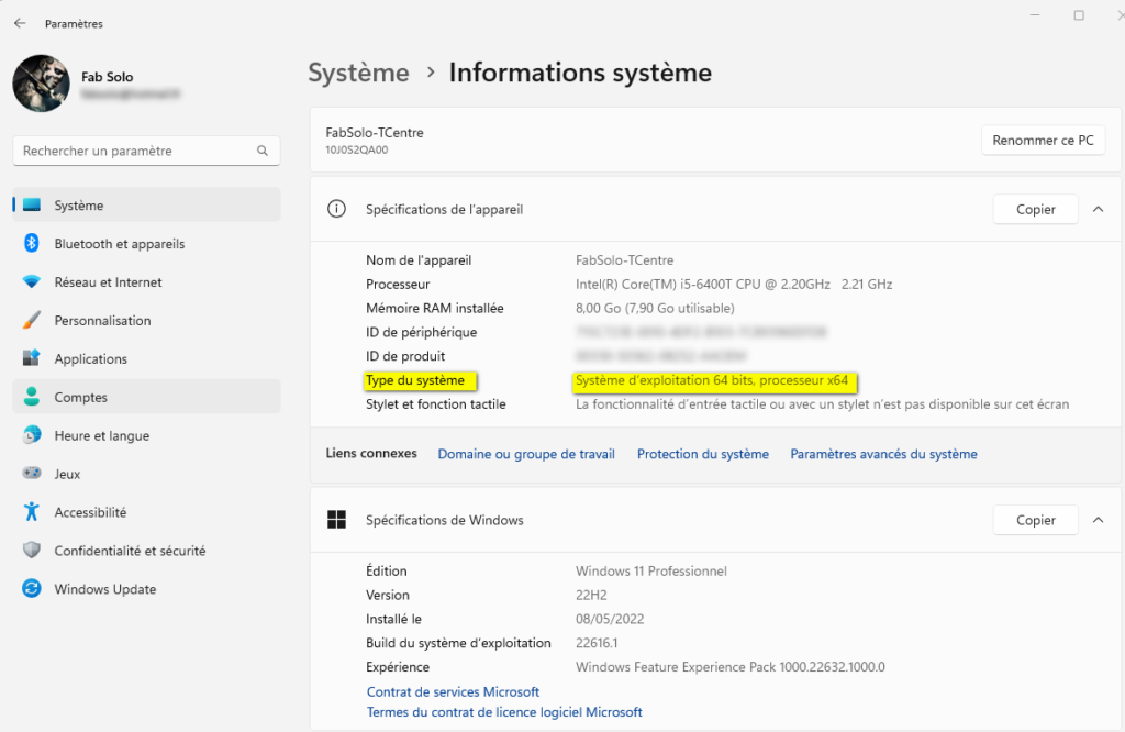 Type de système d'exploitation