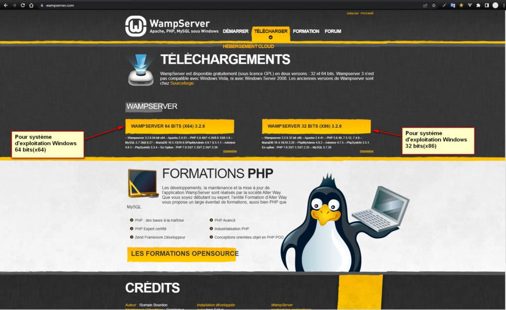 Page de téléchargements de WampServer