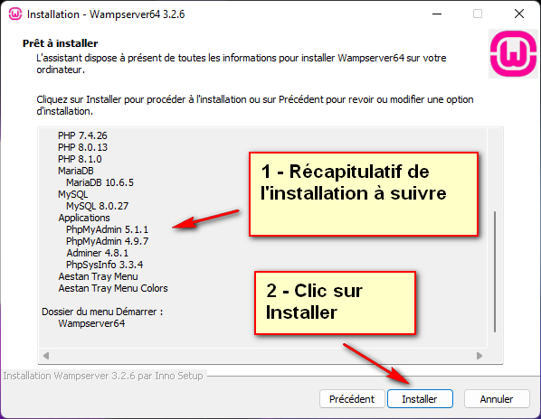 Récapitulatif de l'installation à venir de WampServer