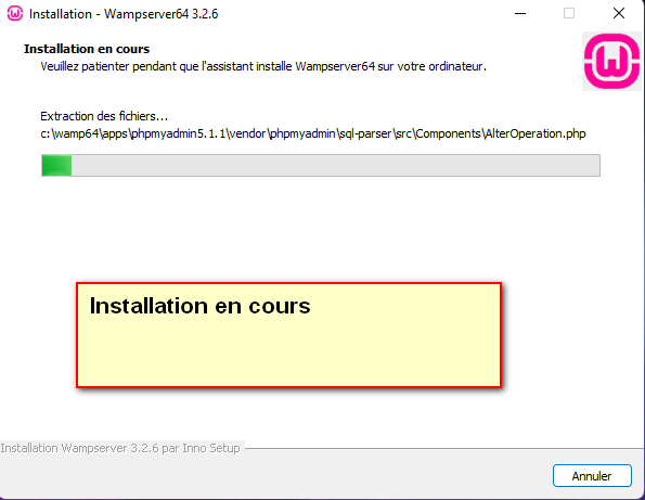 Installation de WampServer en cours