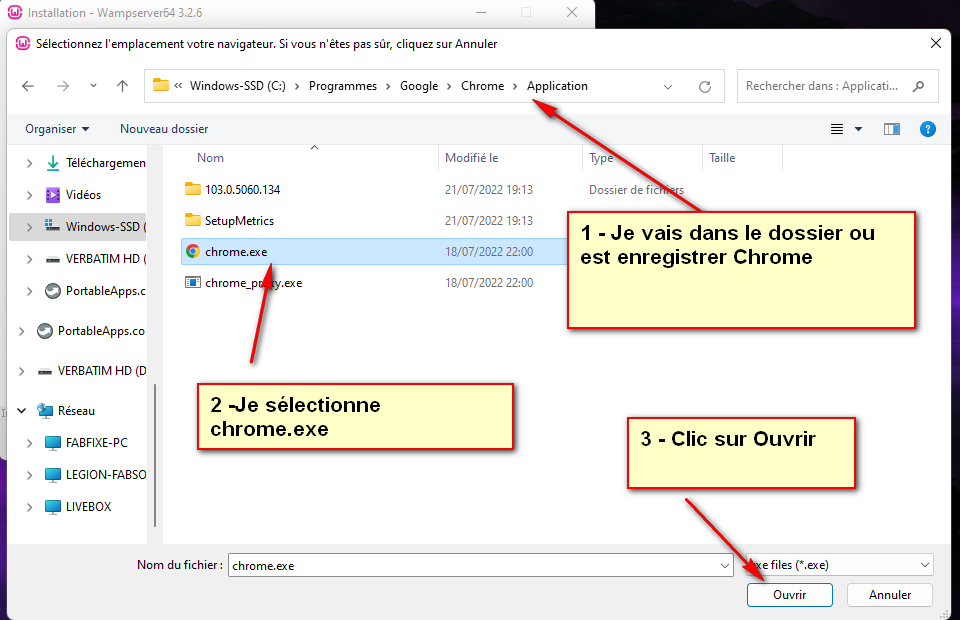 Choix du navigateur Chrome pour utilisation par WampServer