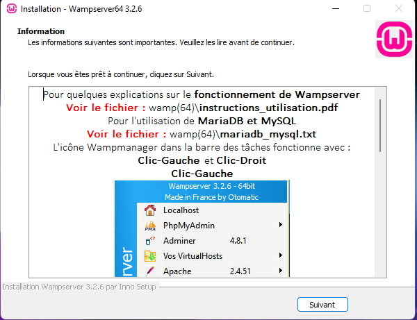 Informations sur l'emplacement des fichiers d'instructions sur l'utilisation de WampServer