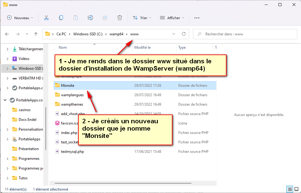 Création du dossier Monsite dans le dossier www de WampServer