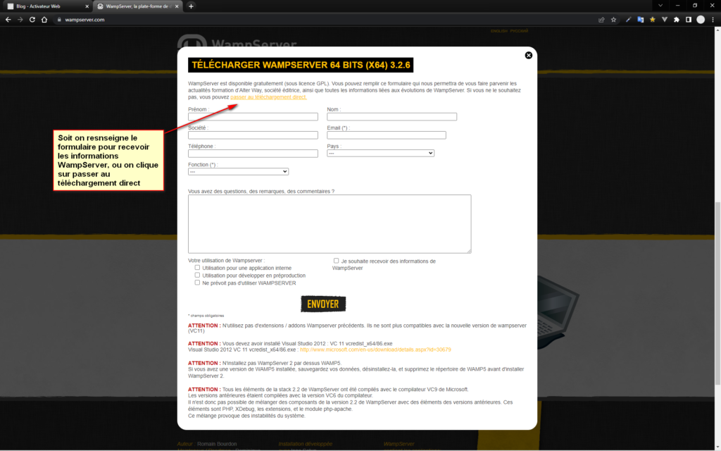 Formulaire pour informations sur WampServer