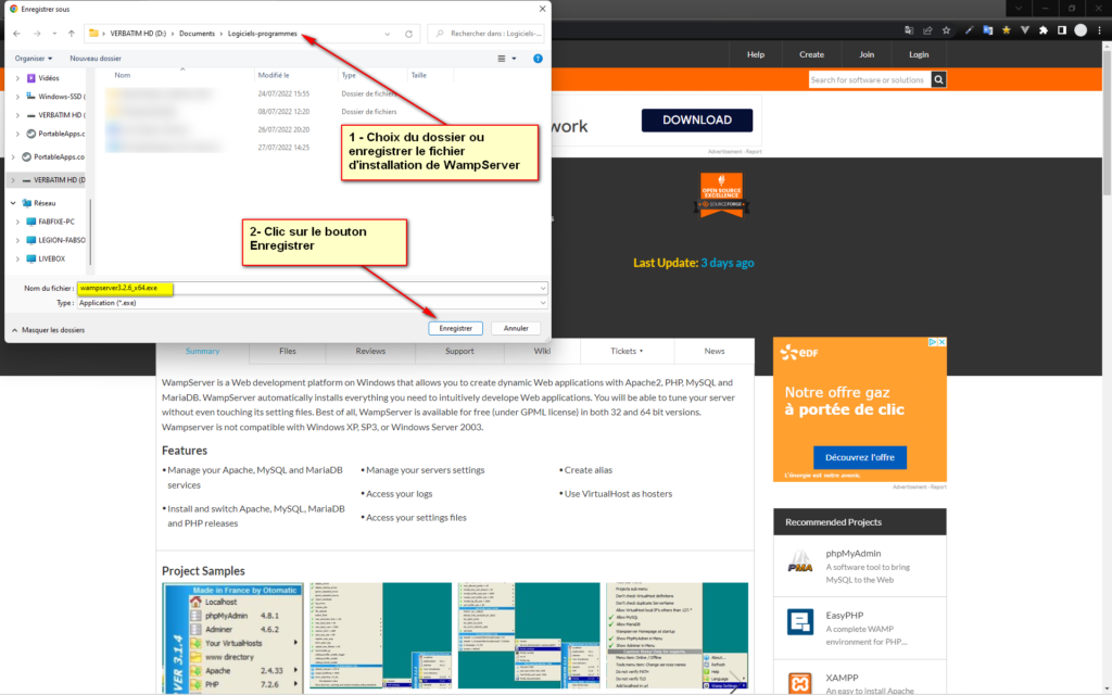 Dossier d'enregistrement du fichier d'installation