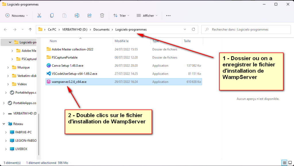 Ouverture du fichier d'installation WampServer