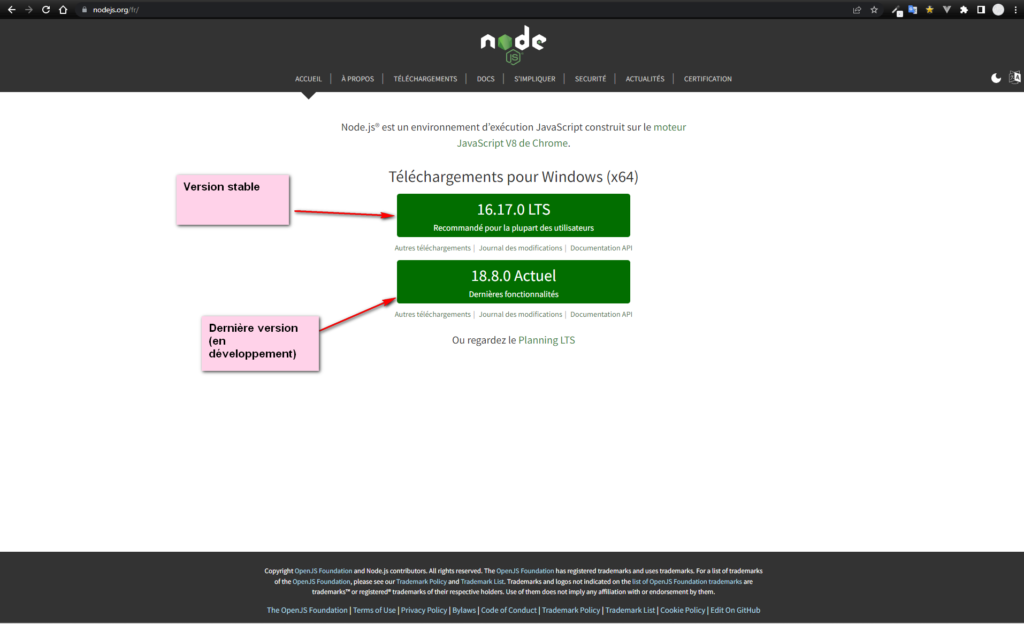 Page de téléchargement de Node.js