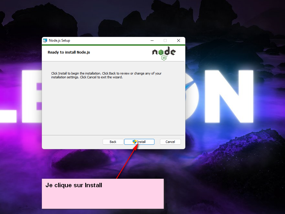 Lancement de l'installation de Node.js sur notre système