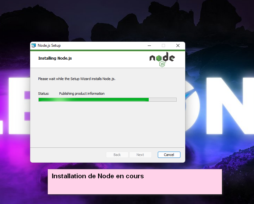 Installation de Node.js en cours