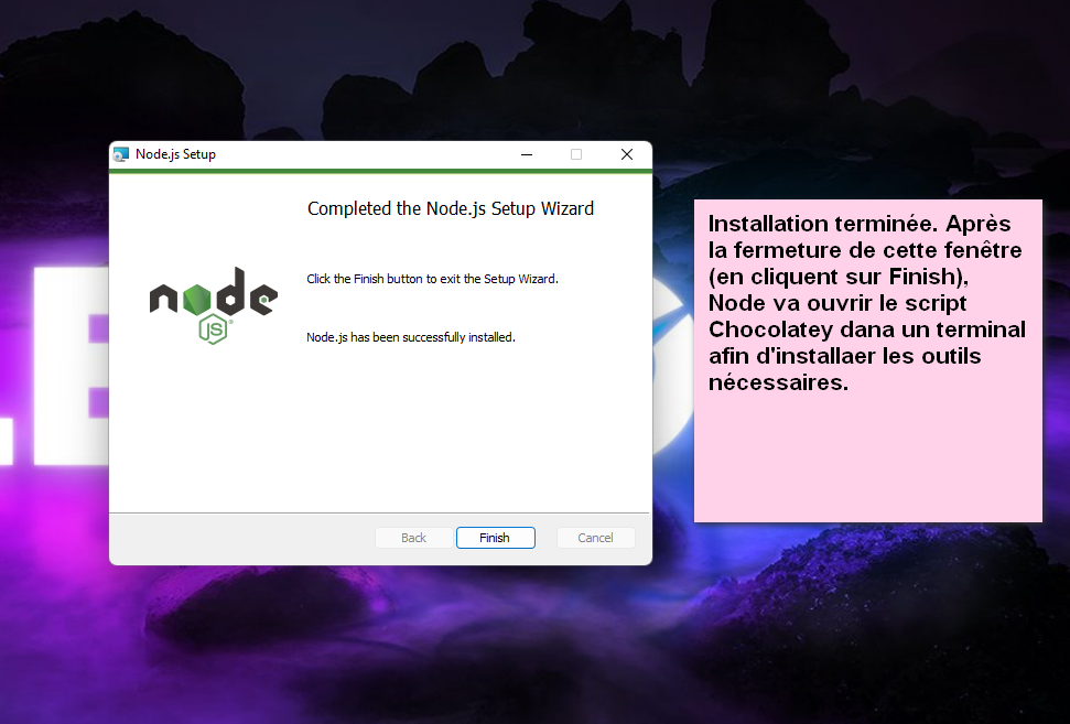 Installation de Node.js terminée