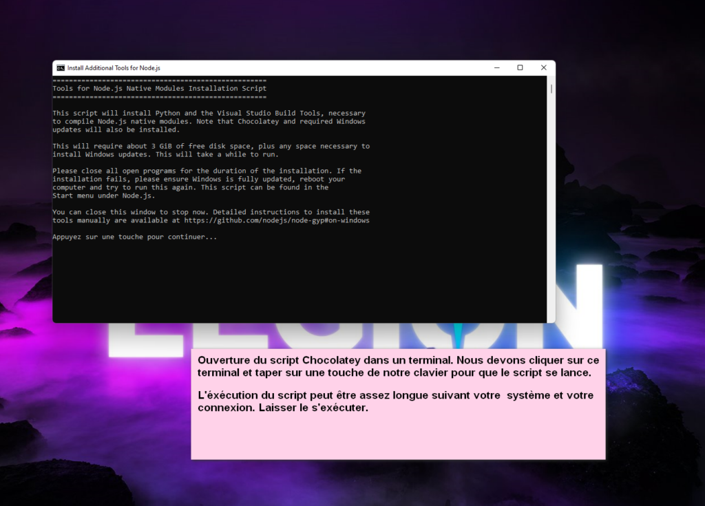 Ouverture du script Chocolatey dans un terminal