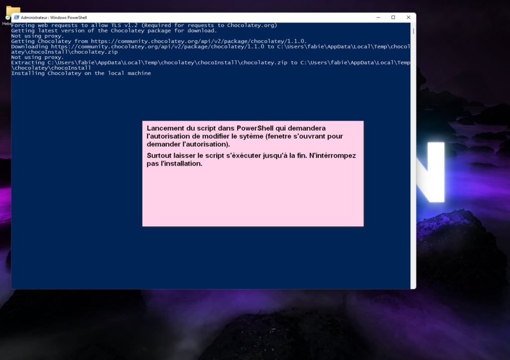 Script "Chocolatey" en cours d'exécution