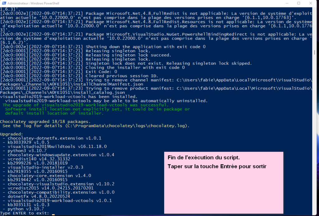 Fin de l'exécution du script "Chocolatey"