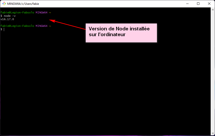 Vérification de la présence de Node et de la version Node