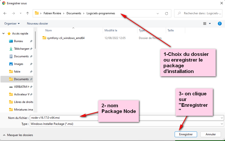 Choix du dossier ou enregistrer le fichier d'installation de Node js