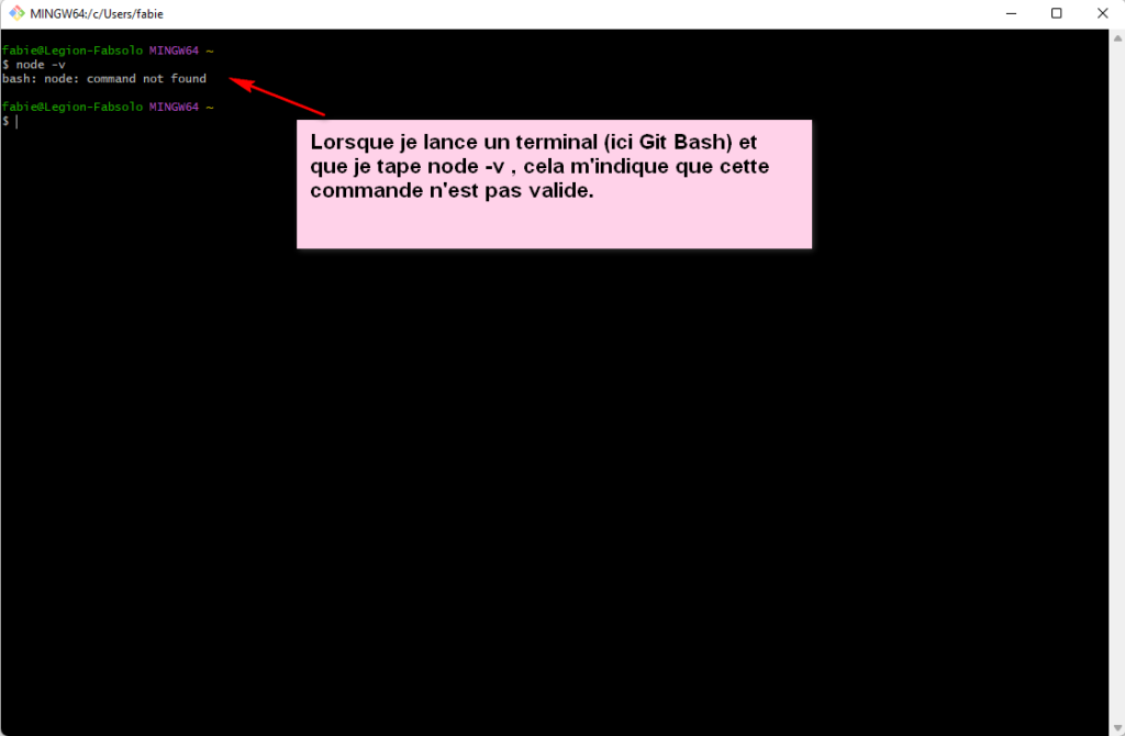 terminal avec commande node-v