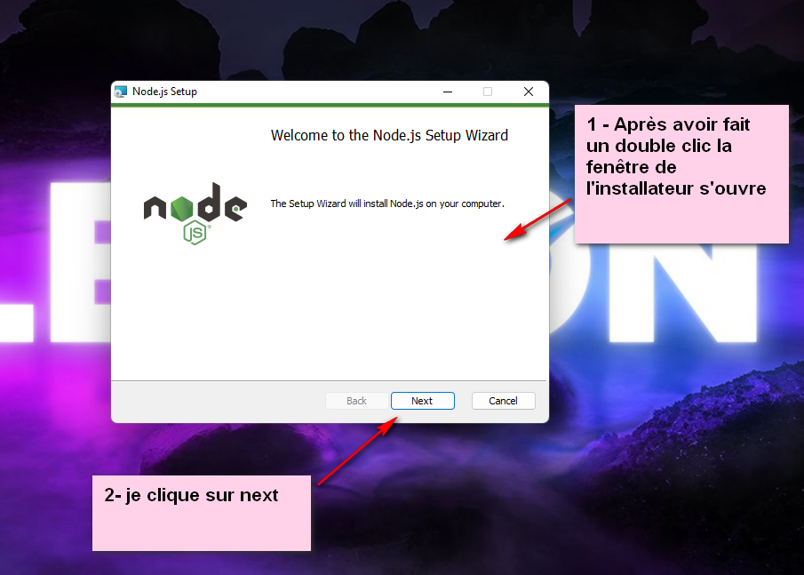 Ouverture de l'installateur de Node.js