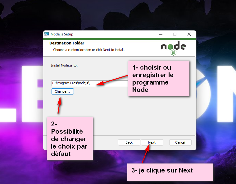 choix du dossier d'enregistrement du programme Node.js