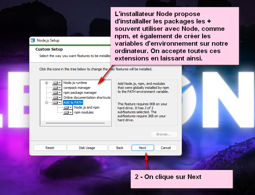 Choix des extensions de Node.js dans l'installateur