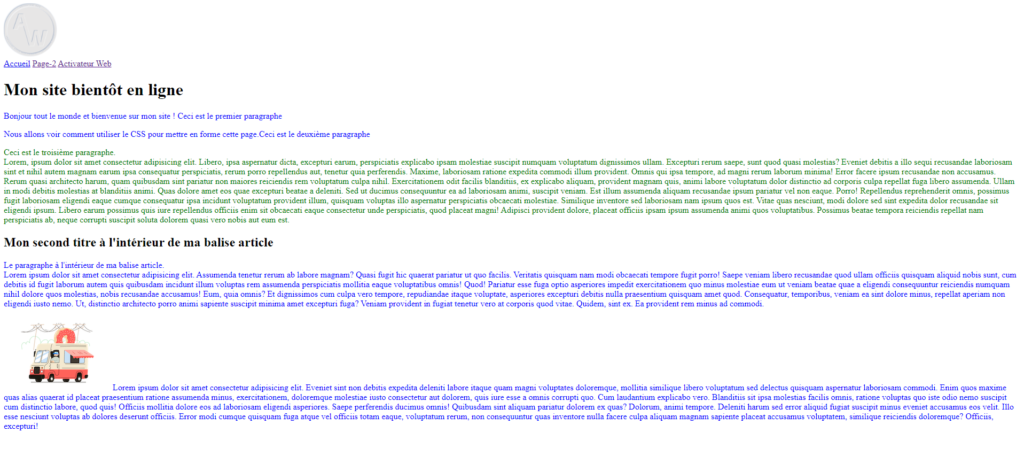 Image de l'affichage du fichier index.html après ciblage du sélecteur de class