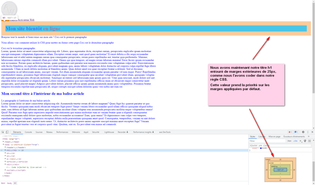 Image de l'affichage du titre h1 avec les marges ayant la valeur transmise dans une règle CSS