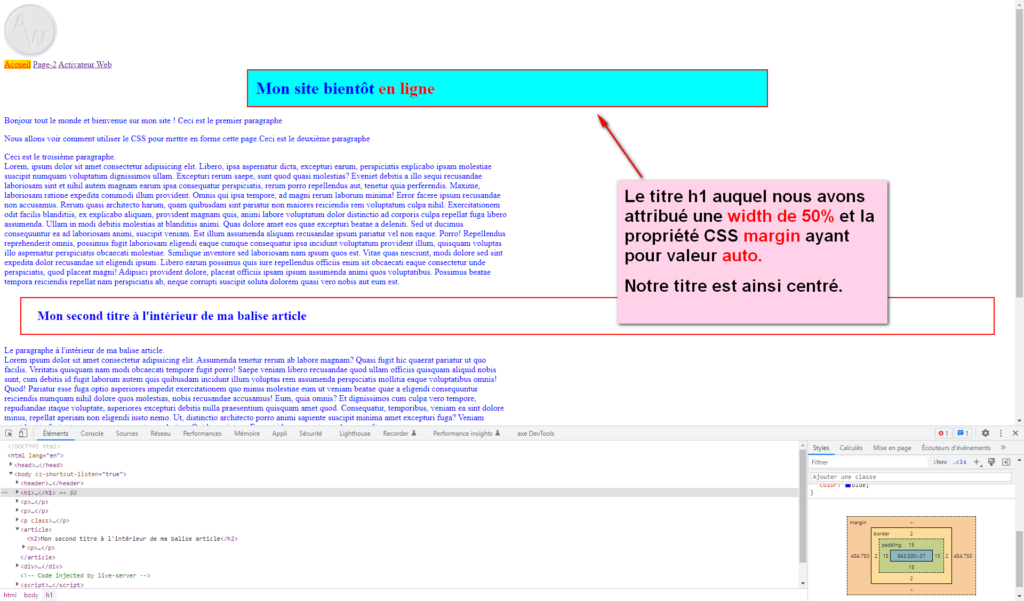 Image de l'affichage du titre h1 auquel nous avons appliqué une width et margin:auto