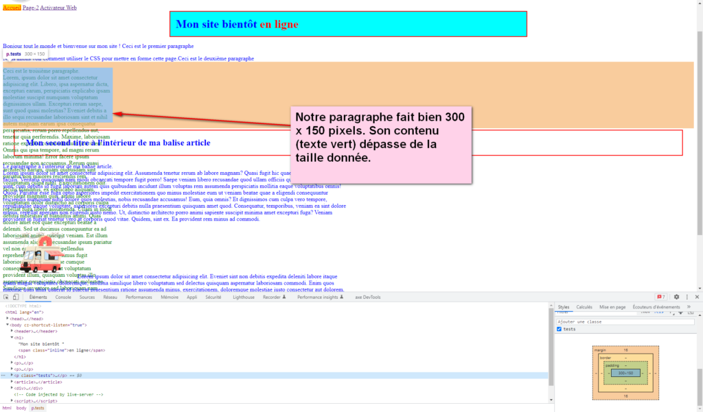 Image de l'affichage du paragraphe auquel nous avons donné une taille plus petite que son contenu