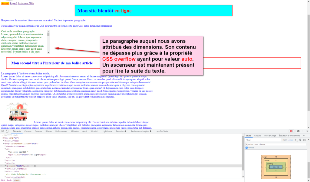 Image de l'affichage de notre paragraphe avec la propriété CSS overflow avec comme valeur auto