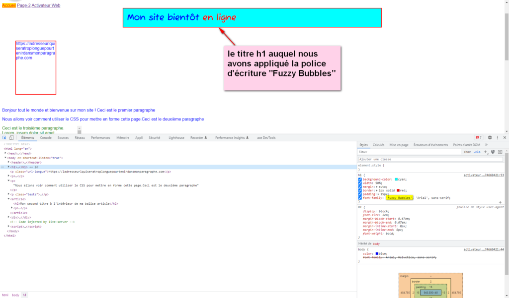 Image de l'affichage du titre h1 auquel nous appliquons la font-family:"Fuzzy Bubbles"