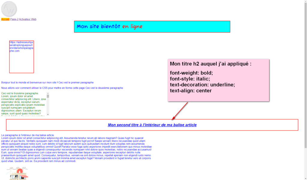 Image de l'affichage du titre h2 auquel nous appliquons des propriétés CSS de texte