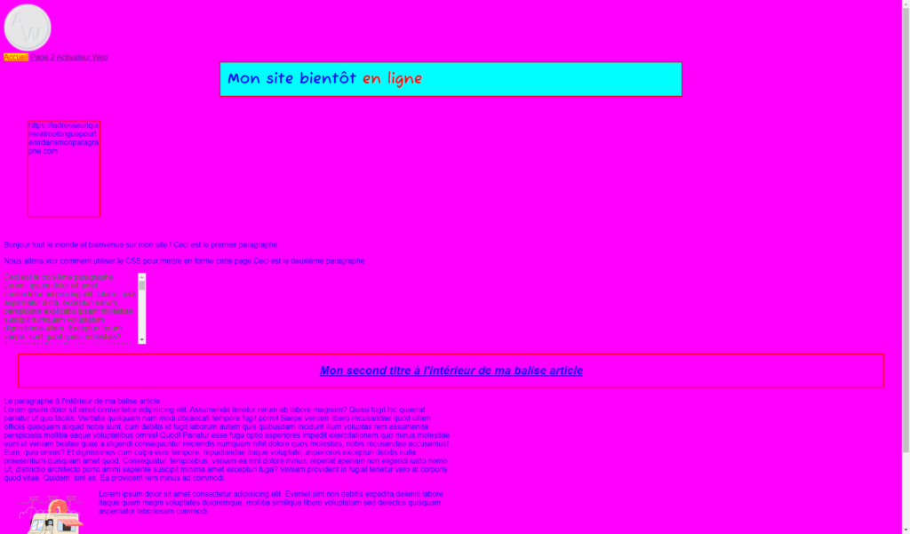 Image de l'affichage de la page à laquelle nous donnons la propriété CSS background-color avec la valeur #FF00FF