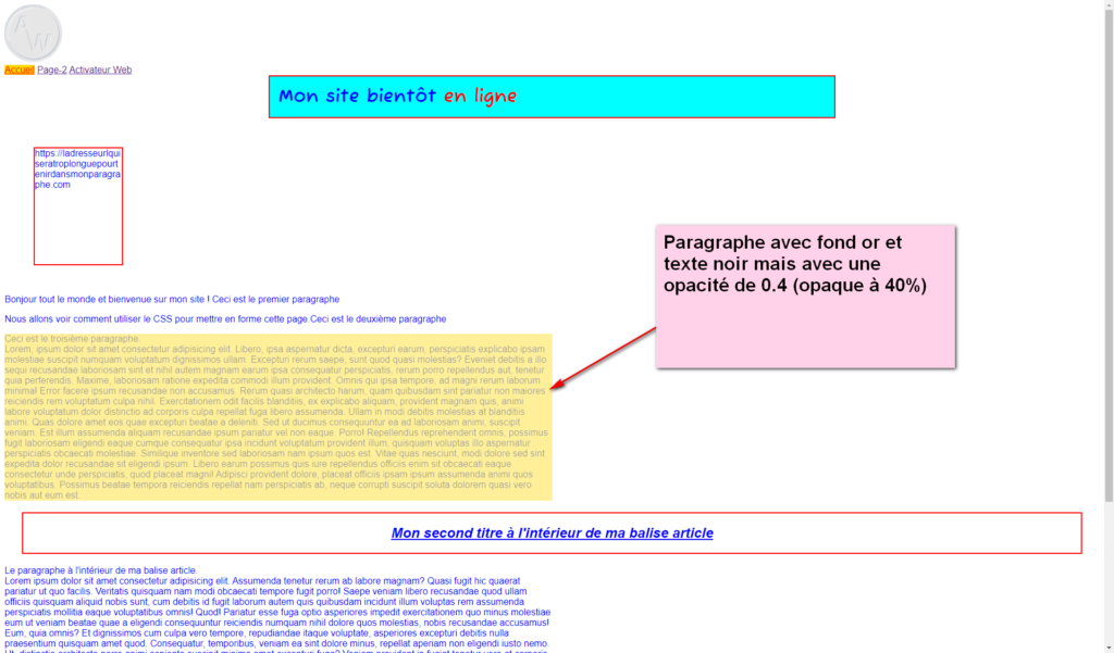 Image de l'affichage d'un paragraphe avec un fond or, un texte noir et une opacité de 0.4