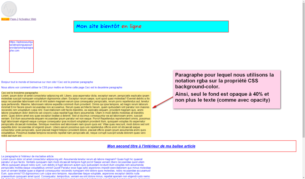 Image de l'affichage du paragraphe pour lequel nous utilisons la notation rgba sur la propriété CSS background-color