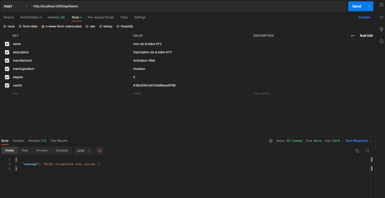 Image du test de la fonction createBeer avec Postman