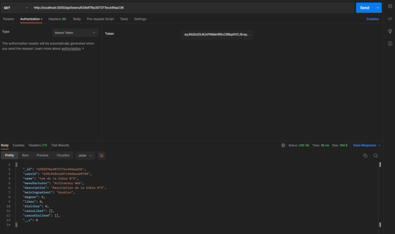 Image du test de la fonction GetOneBeer avec Postman