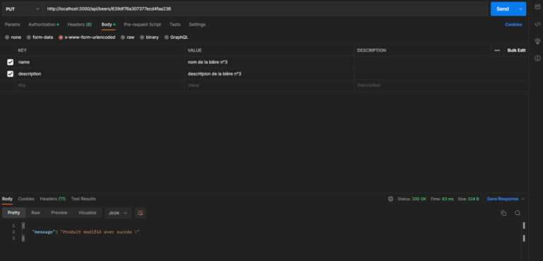 Image de test de la fonction modifyBeer() avec Postman
