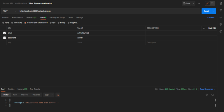 Image de la fonction signup() avant la validation de données sur Postman
