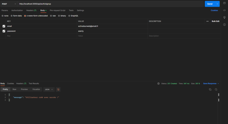 Image de la réponse avec succès dans Postman de l'inscription d'un utilisateur