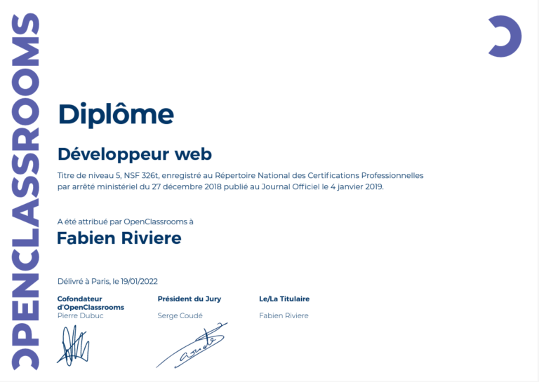 Image du diplôme de développeur web attribué à Fabien Rivière(alias Activateur Web)